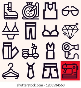 Set of 16 fashion outline icons such as diamond, scooter, brassiere, sewing, embroidery, bikini, hanger, tank top, trousers, sunglasses, jeans, shoe, shorts, tie, dress