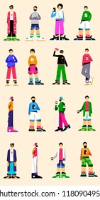 set of 16 fashionable male characters in flat style on yellow background