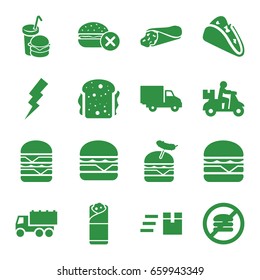 set of 16 fast filled icons such as no fast food, flash, truck, wrap sandwich, taco, burger with sausage, cheeseburger, double burger, sandwich, burrito