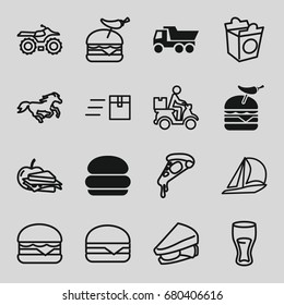 set of 16 fast filled and outline icons such as truck, burger with pepper, horse, pizza, drink, sandwich, cheeseburger, take away food, sandwich and apple