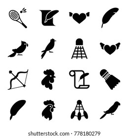 Set of 16 feather filled icons such as rooster, parrot, feather and paper, feather, heart with wings, shuttlecock, bow, shuttlecock, badminton