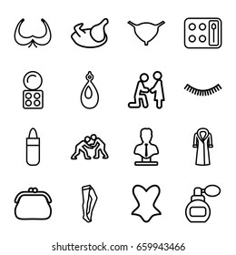  set of 16 female outline icons such as chicken, perfume, eyelash, lipstick, bra, eyeshadow palette, earring, tights, corset, overcoat, bust, bladder, judo