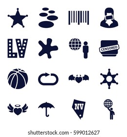  Set of 16   filled icons such as Vegas, splash, basketball, keep dry cargo, bar code, heart angel wings, devil heart with wings, censored woman