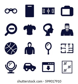  Set of 16   filled icons such as toy car, mirror, security guy, cutting board, window, blouse, hoodie, human brain, camera display, zoom out, plan