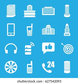 set of 16 filled icons such as business centre, old phone, server