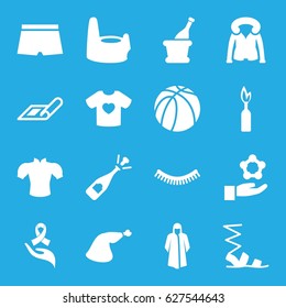 set of 16   filled icons such as plan, baby potty, eyelash, overcoat, sandals, blouse, opened champagne, meat leg, basketball, t-shirt with heart