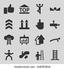 set of 16 up filled icons such as ladder, middle finger, top of cargo box, chart, arrow, man with ladder, ladder to the sky