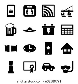 set of 16 filled icons such as tractor, toy car, nail polish, floor scales, woman hat, battery, wi-fi, home on phone display, gate, diploma