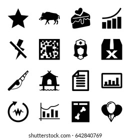 set of 16 filled icons such as hog, graph, nurse, x ray, cake slice, chart, paper, no flash, tent, star, heartbeat, question box, fishing rod, balloon