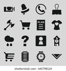 Set of 16 filled icons such as call, woman wc, bell, t-shirt with heart, paper clip and rain.
