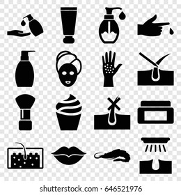 Set of 16 filled icons such as cream tube, cream box, shaving brush, cream, spa mask, bottle soap, liquid soap, soap, love, injured finger