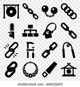 Set of 16 filled icons such as gong, saw, chainsaw, structure, home key tag, necklace
