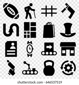 Set of 16 filled icons such as wrist watch, pipe, shopping bag, nail gun, resume, hat, grid, American football, conveyor, conveyor and robot arm