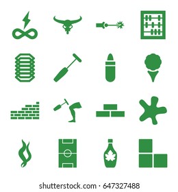 Set of 16 filled icons such as bull skull, brick wall, lipstick, splash, maple syrup, knee hammer reaction check, medical hammer, smoke