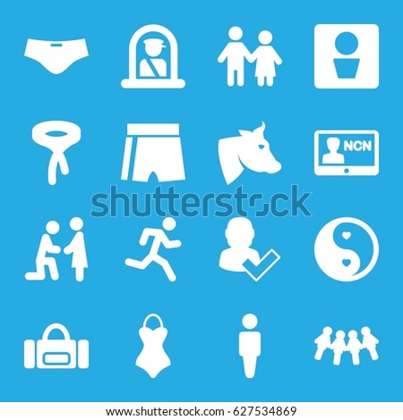 set of 16 filled icons such as cow, man WC, airport officer, man, tie, yin yang, badge, swimsuit, user and tick, marriage proposal, couple, children