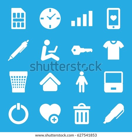 set of 16 filled icons such as house building, pen, trash bin, add favorite, heart mobile, delete trash bin, key, sim card, switch off
