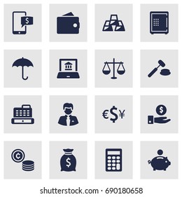 Set Of 16 Finance Icons Set.Collection Of Umbrella, Strongbox, Cash And Other Elements.