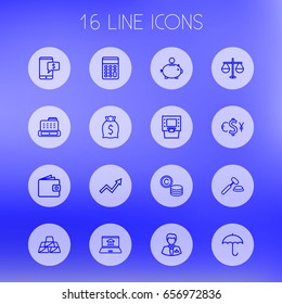 Set Of 16 Finance Outline Icons Set.Collection Of Calculator, Grow Up, Atm And Other Elements.