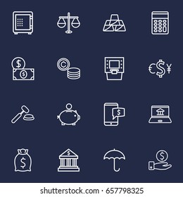 Set Of 16 Finance Outline Icons Set.Collection Of Safe, Calculator, Atm And Other Elements.