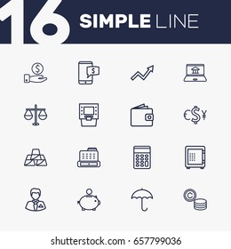 Set Of 16 Finance Outline Icons Set.Collection Of Money Box, Justice, Calculator And Other Elements.