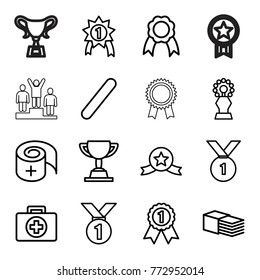 Set of 16 first outline icons such as medal, first aid, bandage, ribbon, trophy, number 1 medal, medal with star, award