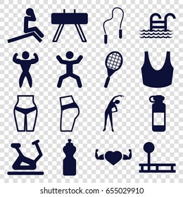 set of 16 fitness filled icons such as exercising, exercise bike, sport bra, heart with muscles, squat, bodybuilder, tennis rocket, skipping rope