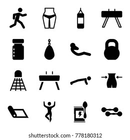 Set of 16 fitness filled icons such as slim, bottle for fitness, waist fitness, boxing bag, fintess equipment, man doing exercises, carpet, running, abdoninal workout, barbell