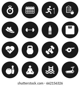 Set Of 16 Fitness Icons Set.Collection Of Kegling, Body Balance, Dumbbell And Other Elements.