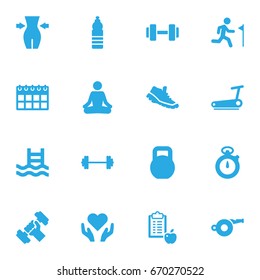 Set Of 16 Fitness Icons Set.Collection Of Timer, Treadmill, Blower And Other Elements.