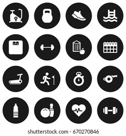 Set Of 16 Fitness Icons Set.Collection Of Regime, Sneakers, Dumbbell And Other Elements.