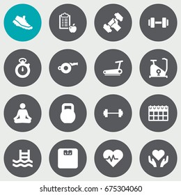 Set Of 16 Fitness Icons Set.Collection Of Hartbeat, Dumbbell, Heart In Hand Elements.