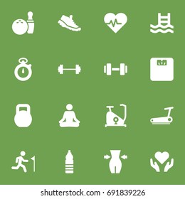 Set Of 16 Fitness Icons Set.Collection Of Treadmill, Heart In Hand, Body Balance Elements.