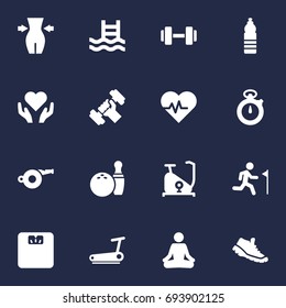 Set Of 16 Fitness Icons Set.Collection Of Barbell, Meditate, Bodybuilding And Other Elements.