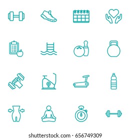 Set Of 16 Fitness Outline Icons Set.Collection Of Bowling, Kettlebells, Health Care And Other Elements.
