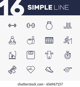 Set Of 16 Fitness Outline Icons Set.Collection Of Exercise Bike, Bowling, Stopwatch And Other Elements.