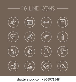 Set Of 16 Fitness Outline Icons Set.Collection Of Bowling, Yoga, Health Care And Other Elements.