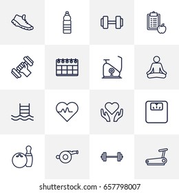 Set Of 16 Fitness Outline Icons Set.Collection Of Bowling, Health Care, Scales And Other Elements.