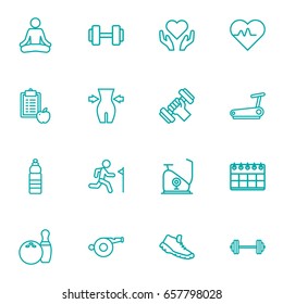 Set Of 16 Fitness Outline Icons Set.Collection Of Exercise Bike, Running Track, Diet And Other Elements.