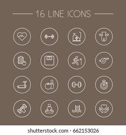 Set Of 16 Fitness Outline Icons Set.Collection Of Whistle, Bowling, Weight Loss And Other Elements.