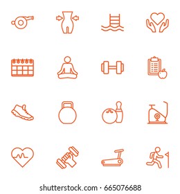 Set Of 16 Fitness Outline Icons Set.Collection Of Yoga, Weight Loss, Training And Other Elements.