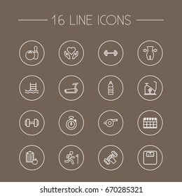 Set Of 16 Fitness Outline Icons Set.Collection Of Whistle, Dumbbell, Exercise Bike And Other Elements.