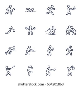 Set Of 16 Fitness Outline Icons Set.Collection Of Rocket, Swimming, Ski Running And Other Elements.