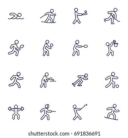 Set Of 16 Fitness Outline Icons Set.Collection Of Ice Skating, Batting, Diving And Other Elements.