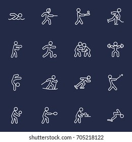 Set Of 16 Fitness Outline Icons Set.Collection Of Gymnastic, Batting, Swordplay And Other Elements.