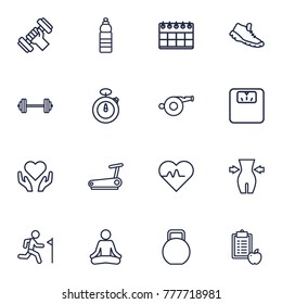 Set Of 16 Fitness Outline Icons Set.Collection Of Kettlebells, Running Track, Pulse And Other Elements.