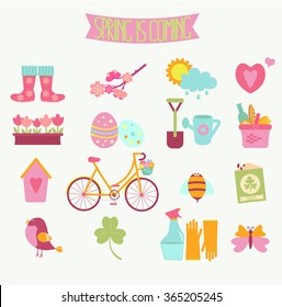 set of 16 flat colorful spring icons. Vector illustration.