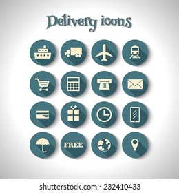 set of 16 flat delivery icons with long shadows