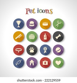 set of 16 flat icons with long shadows. Dog, pet, vet.