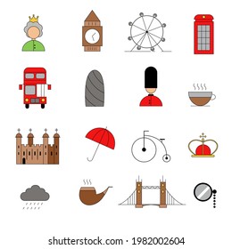 Eine Reihe von 16 flachen Londoner Symbolen. Einzeln auf Weiß.  Reisekonzept. Britische Wahrzeichen.