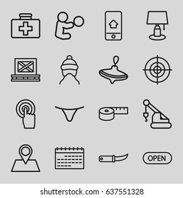 set of 16 flat outline icons such as whirligig, baby cap, female underwear, crane, gardening knife, first aid kit, cargo on palette, location pin, touchscreen